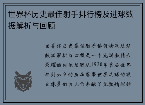 世界杯历史最佳射手排行榜及进球数据解析与回顾